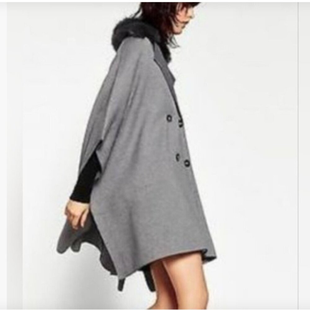 NWT Zara Cape Poncho Gray Faux Fur Collar Size M - Picture 3 of 6